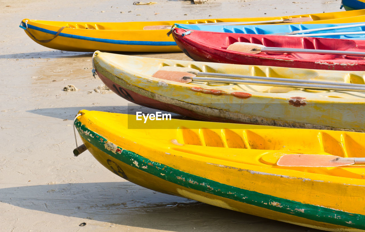 CLOSE-UP OF YELLOW BOAT ON BEACH