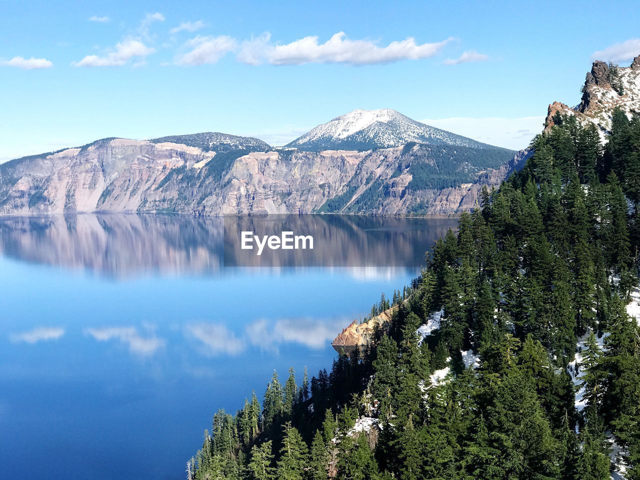 Scenic view of lake by mountains against sky