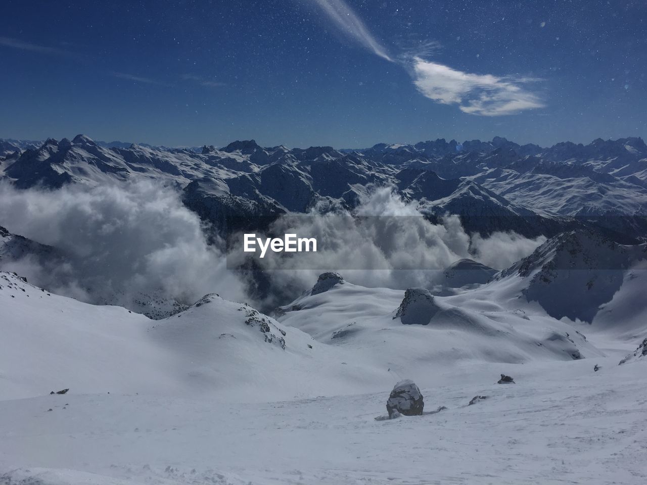 Scenic view of snow covered mountains against sky