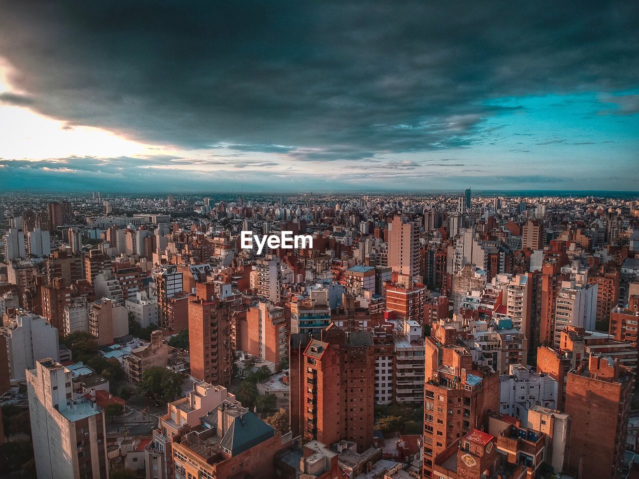 High angle view of modern buildings in city