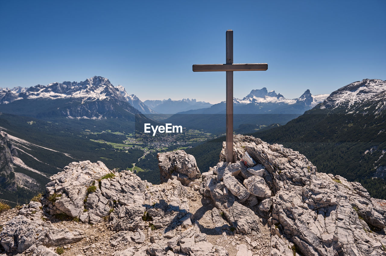 CROSS ON MOUNTAINS AGAINST SKY