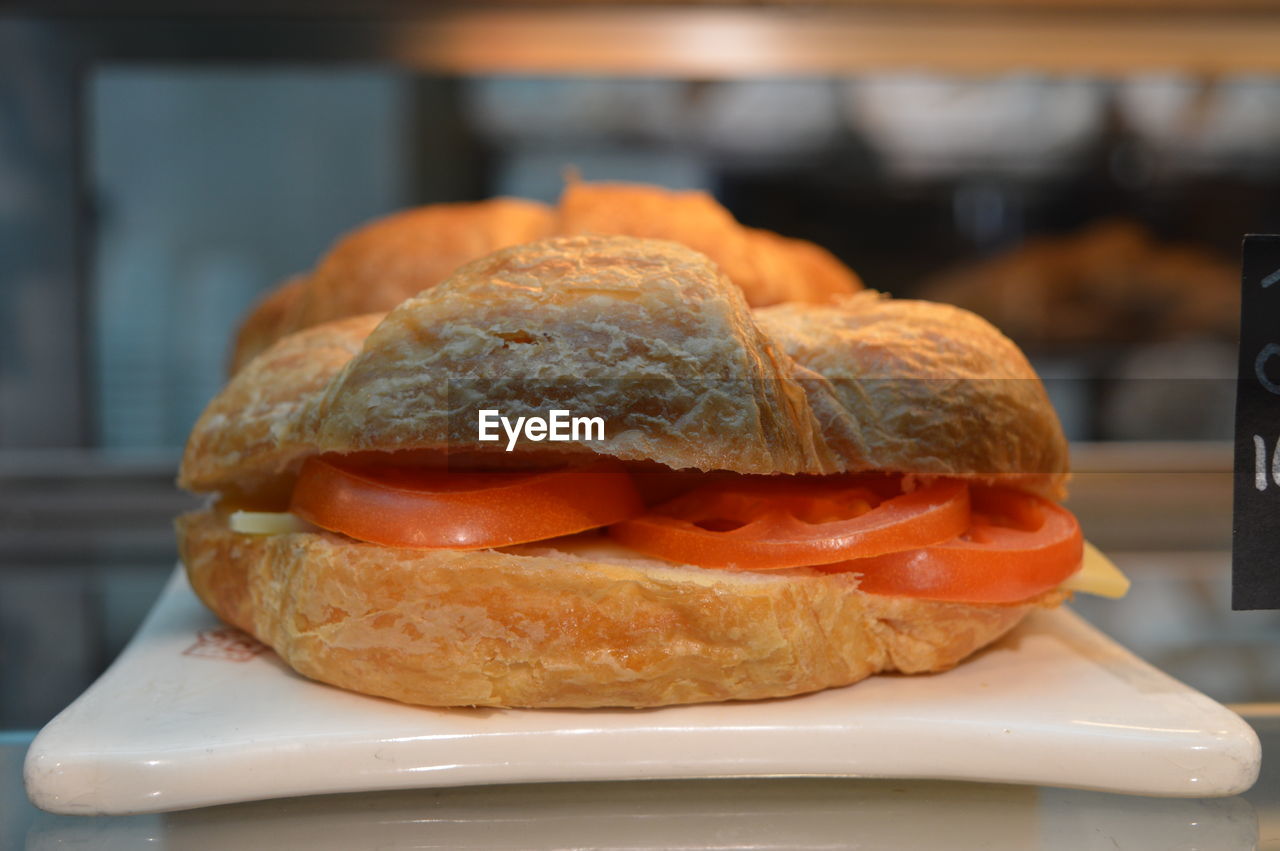 Close-up of sandwich served in plate on table