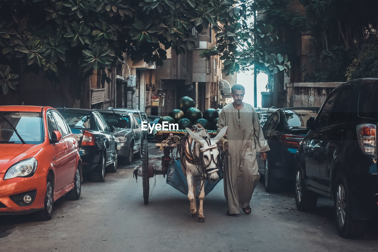 VIEW OF MAN STANDING BY CARS ON STREET