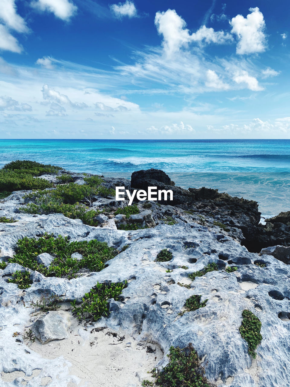 SCENIC VIEW OF ROCKS ON BEACH AGAINST SKY