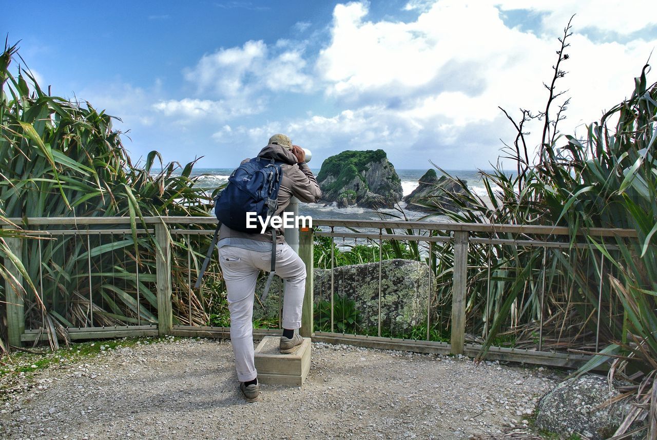 Rear view of man standing by plants against sky