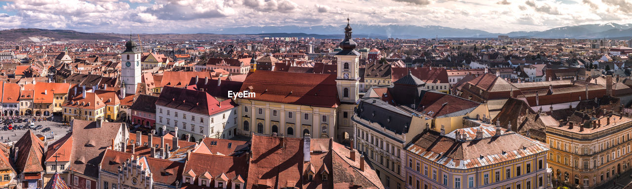 High angle shot of townscape against sky