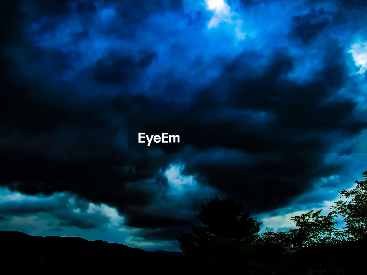 LOW ANGLE VIEW OF STORM CLOUDS OVER TREES