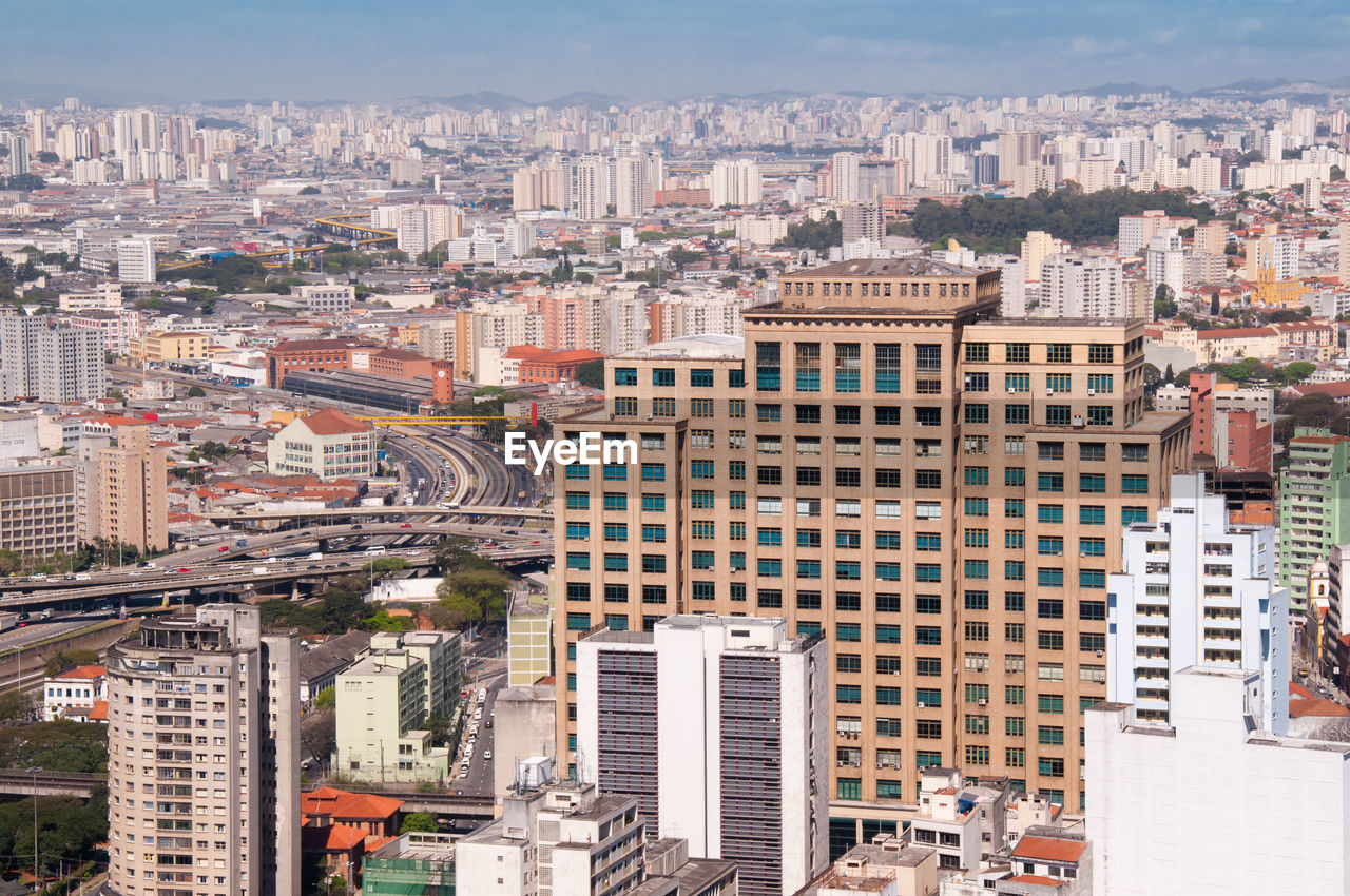 High angle view of buildings in city