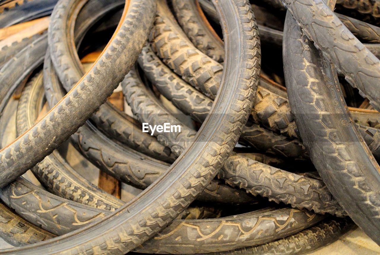 High angle view of abandoned bicycle tires