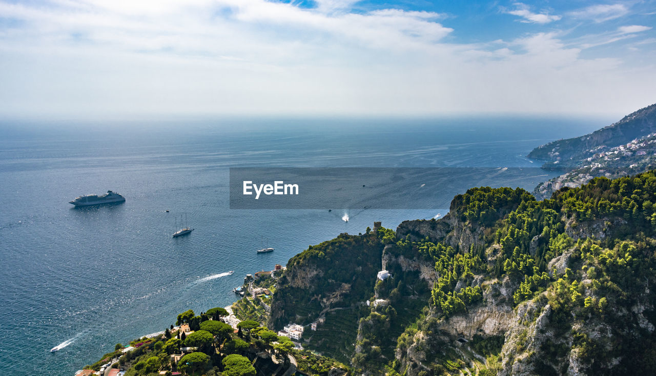 HIGH ANGLE VIEW OF SEA AND MOUNTAIN AGAINST SKY