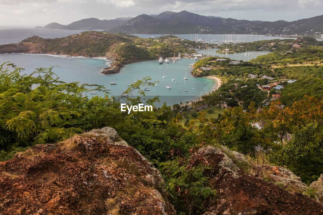 High angle view of lake and mountains