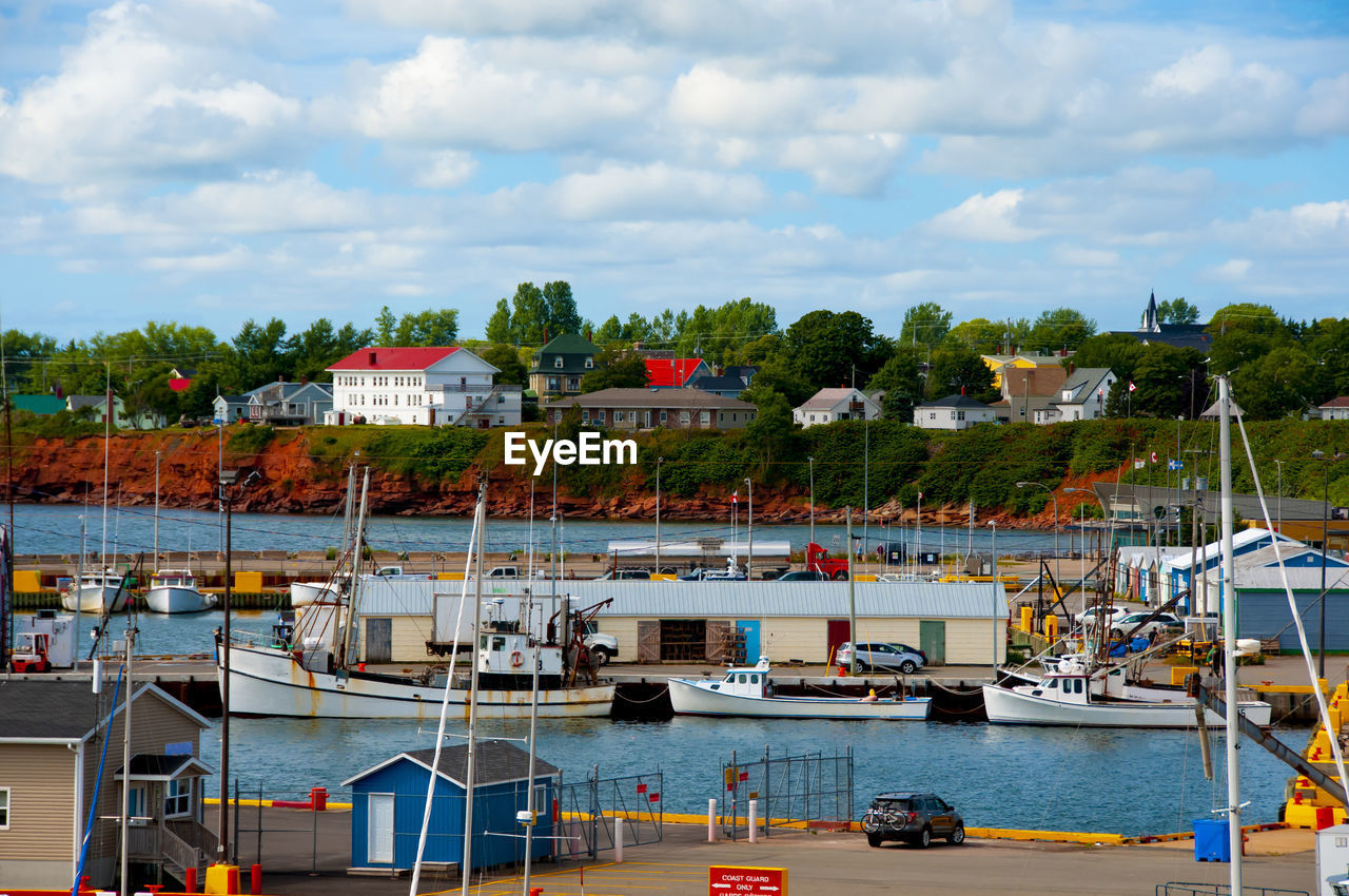 BOATS IN HARBOR AGAINST BUILDINGS