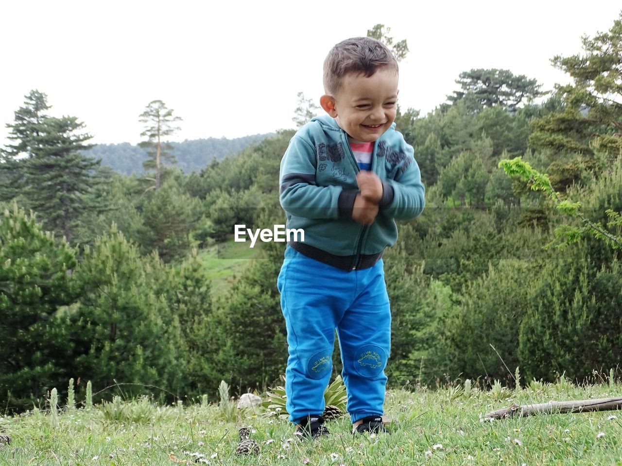 Smiling boy standing against trees on land