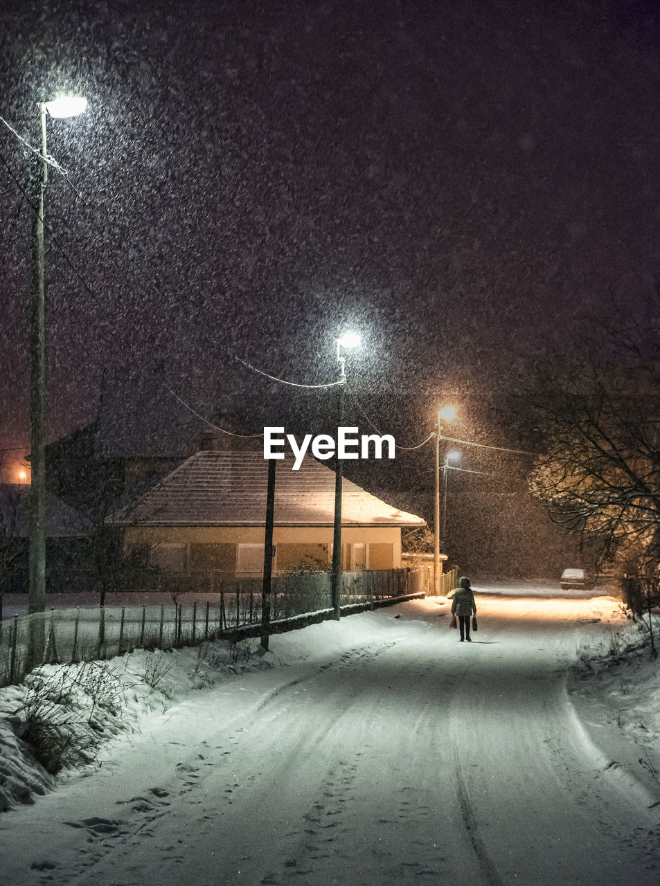 Illuminated street light in winter at night