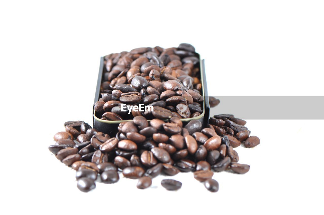 Close-up of coffee beans against white background