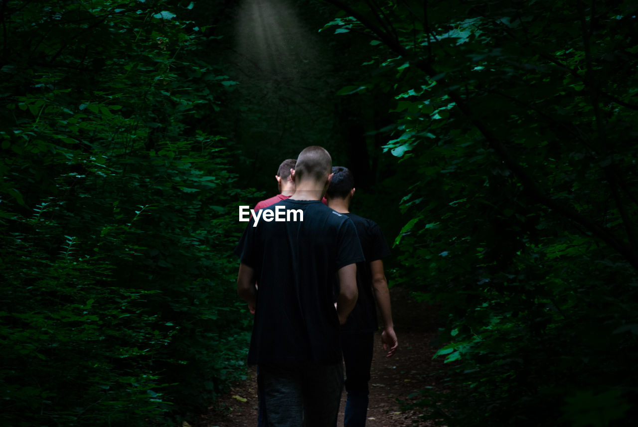 REAR VIEW OF MAN AND WOMAN WALKING ON FOREST