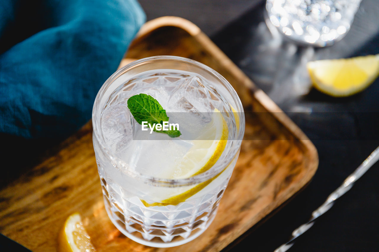 High angle view of drink on table