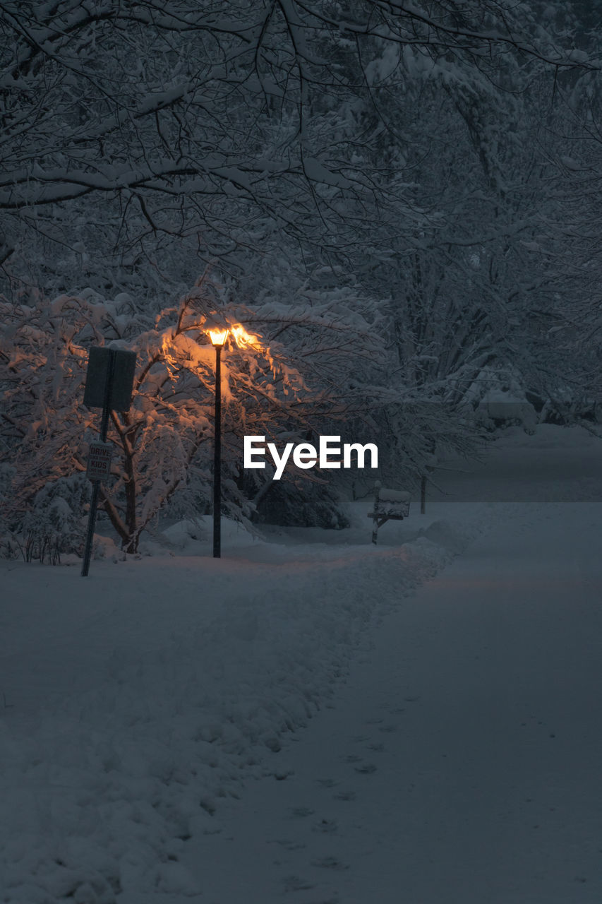 SNOW COVERED STREET LIGHT BY ROAD