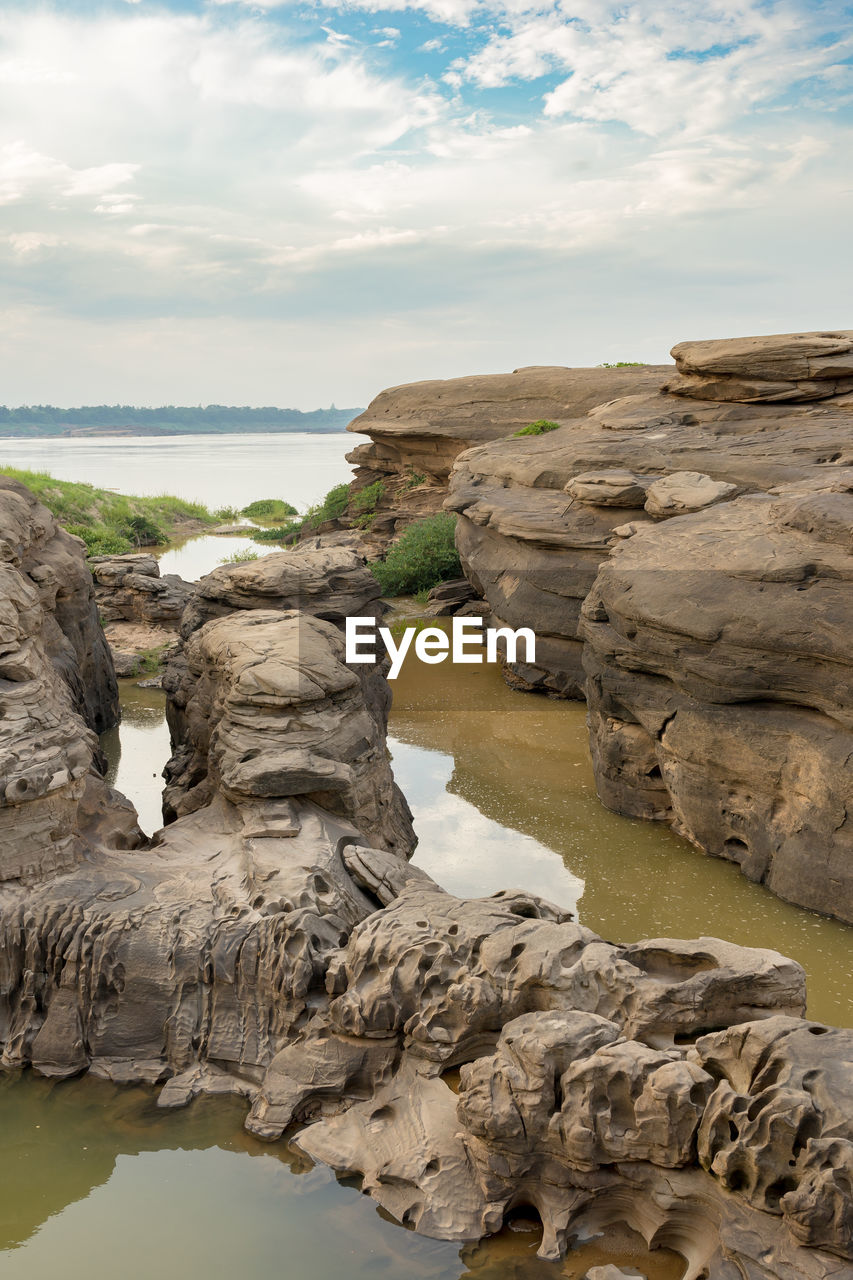 SCENIC VIEW OF ROCKS ON BEACH AGAINST SKY