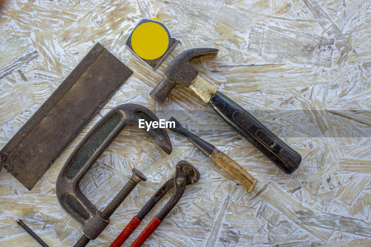 High angle view of work tools on table