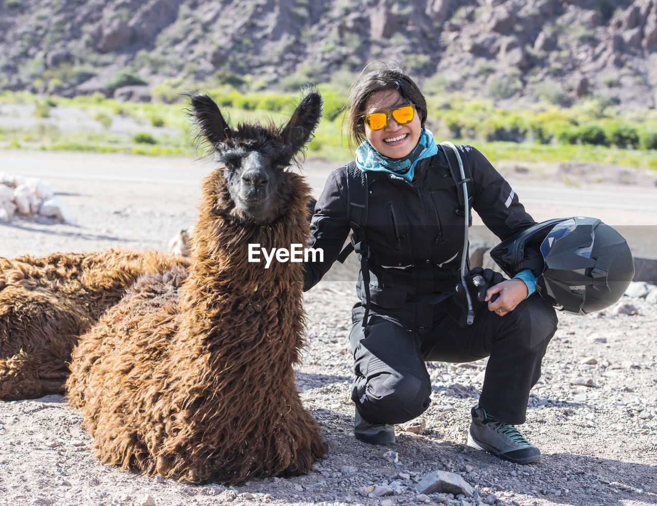 Woman in motorcycle gear crouching next to llama, salta