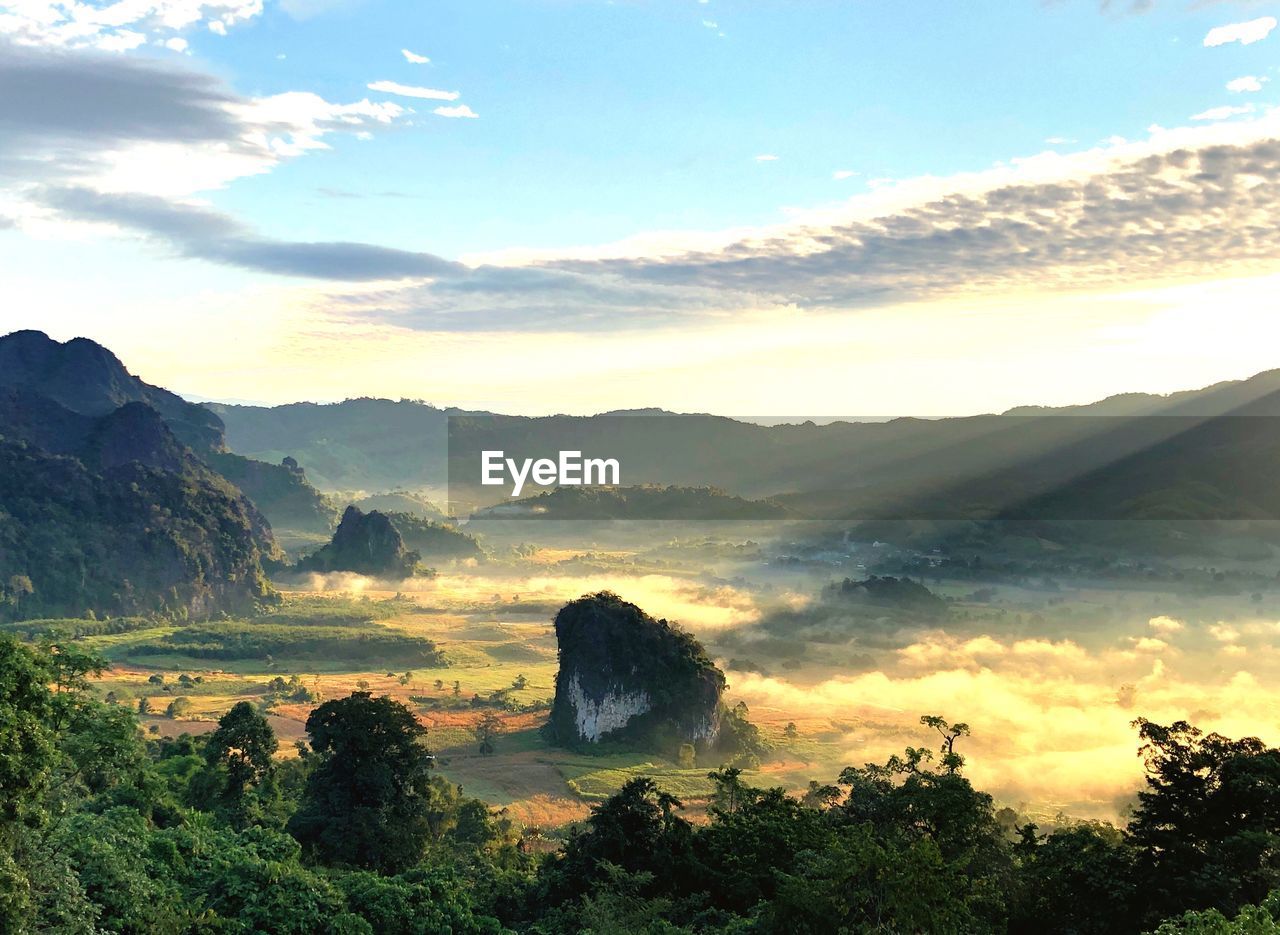 SCENIC VIEW OF LANDSCAPE AND MOUNTAINS AGAINST SKY