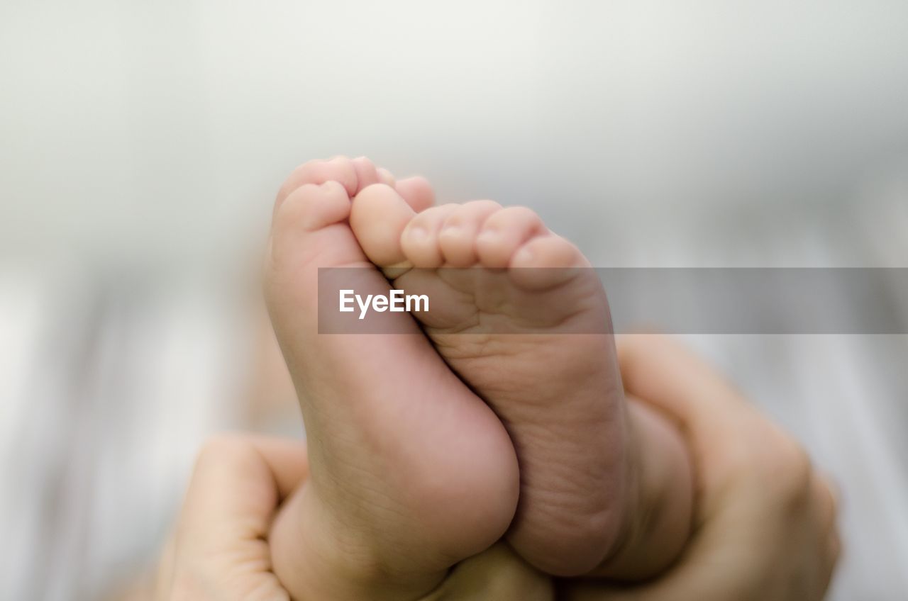 Cropped hand of parent holding child legs