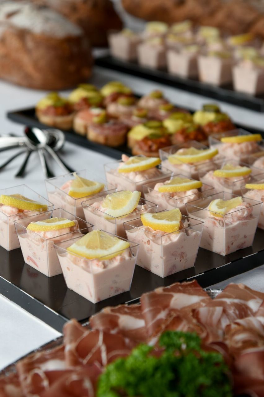 High angle view of food served in containers on table