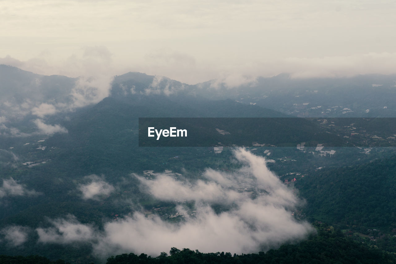 High angle view of mountains against sky