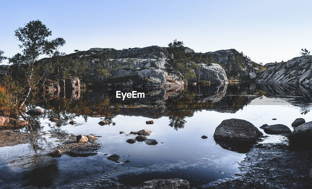 Scenic view of lake against clear sky during winter