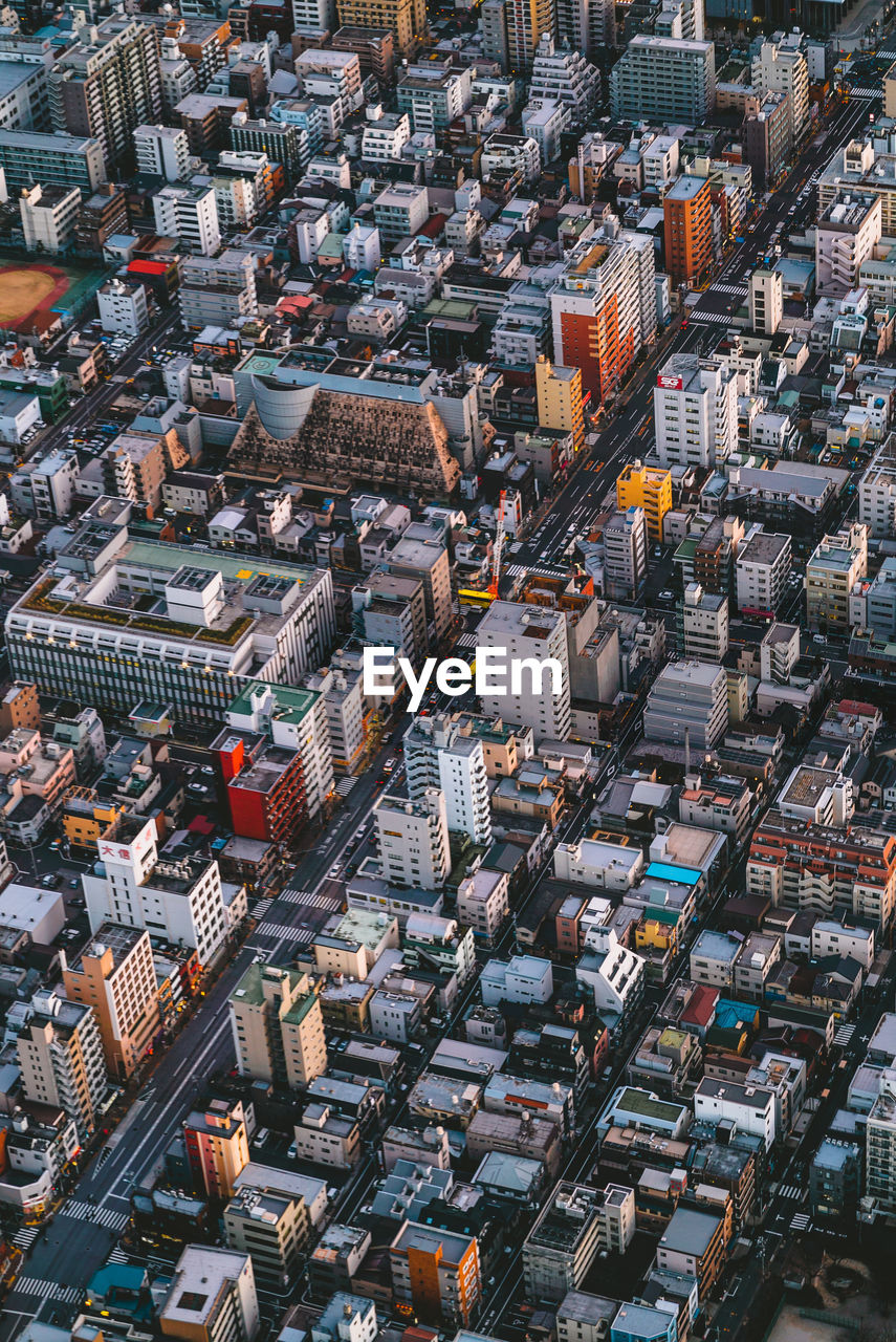 High angle view of buildings in city