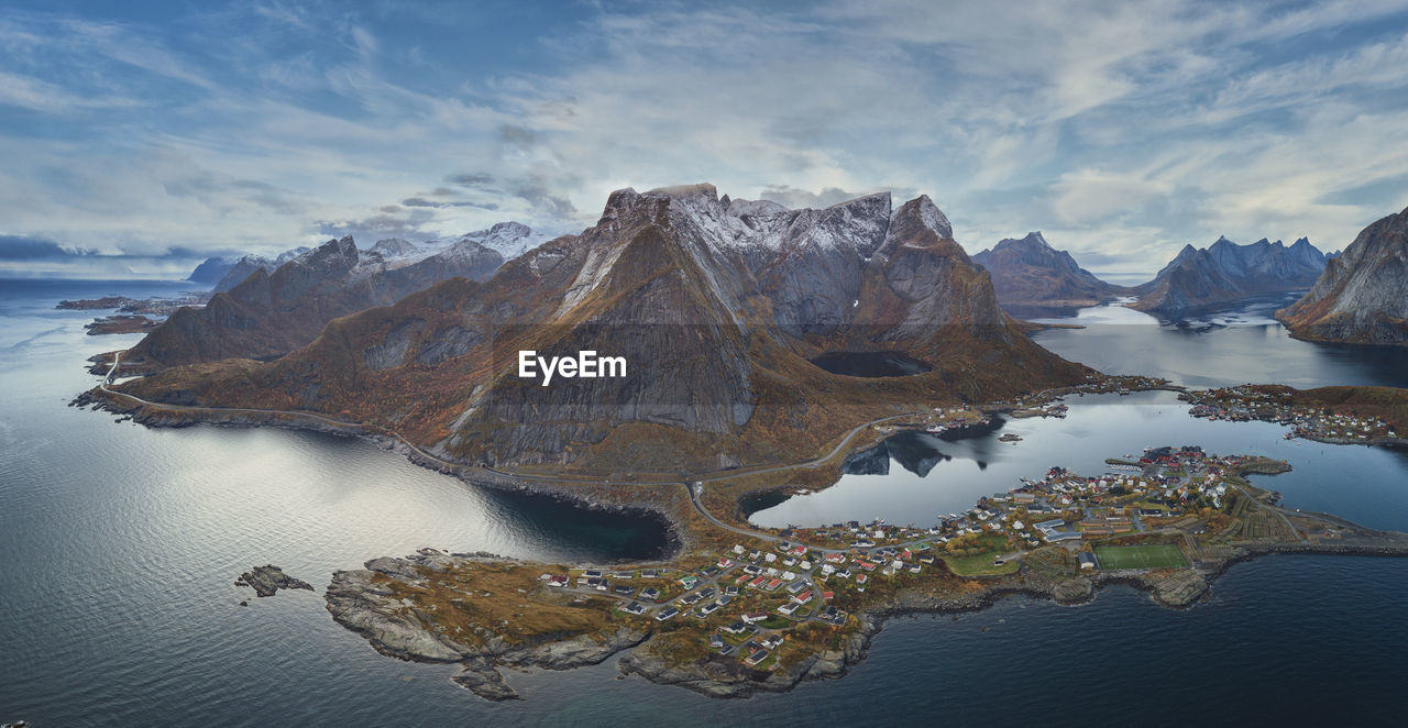 Panoramic view of the mountains and islands around lofoten