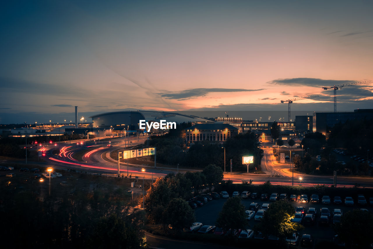 High angle view of illuminated city at night