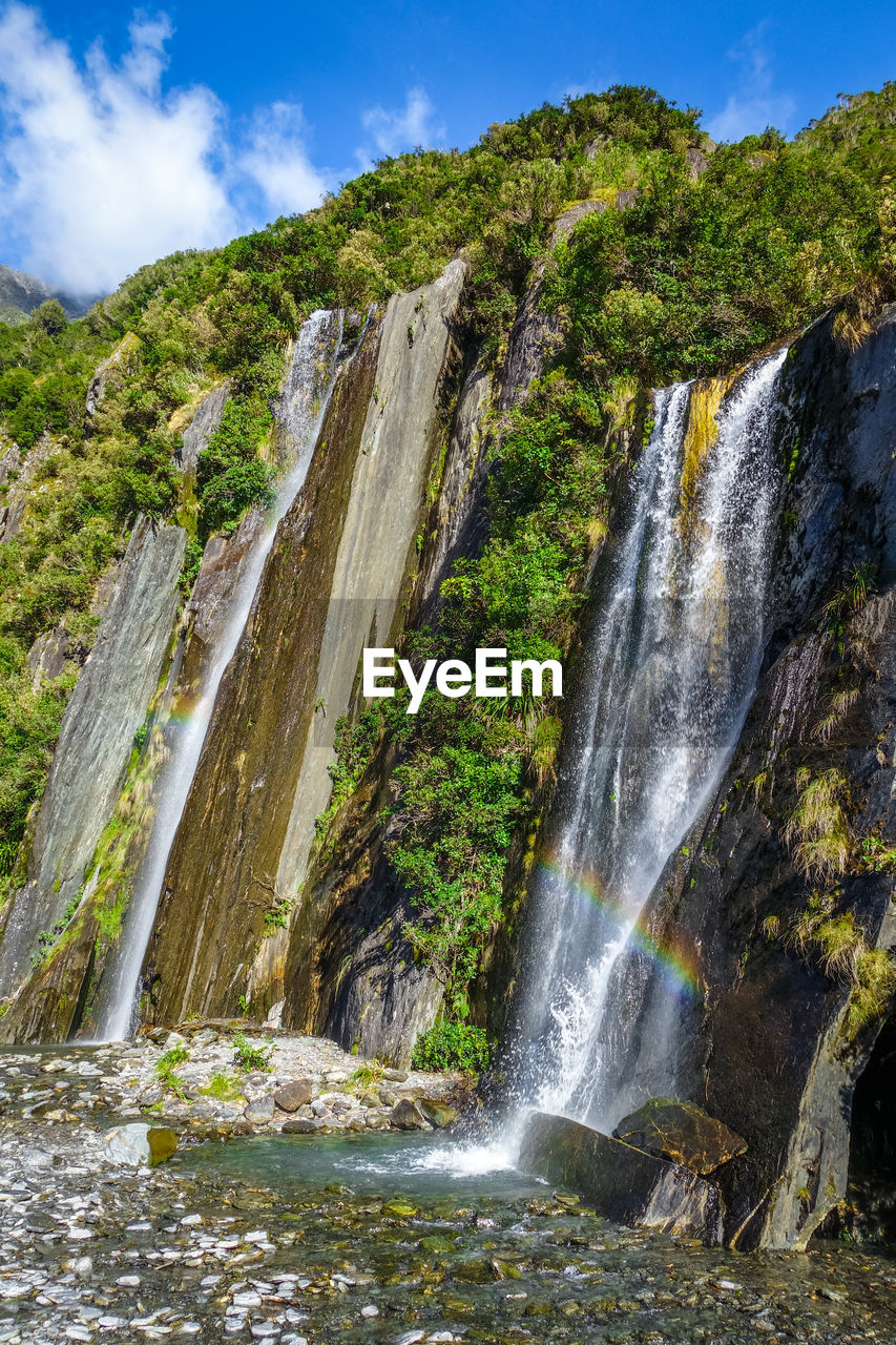 SCENIC VIEW OF WATERFALL IN FOREST AGAINST MOUNTAIN