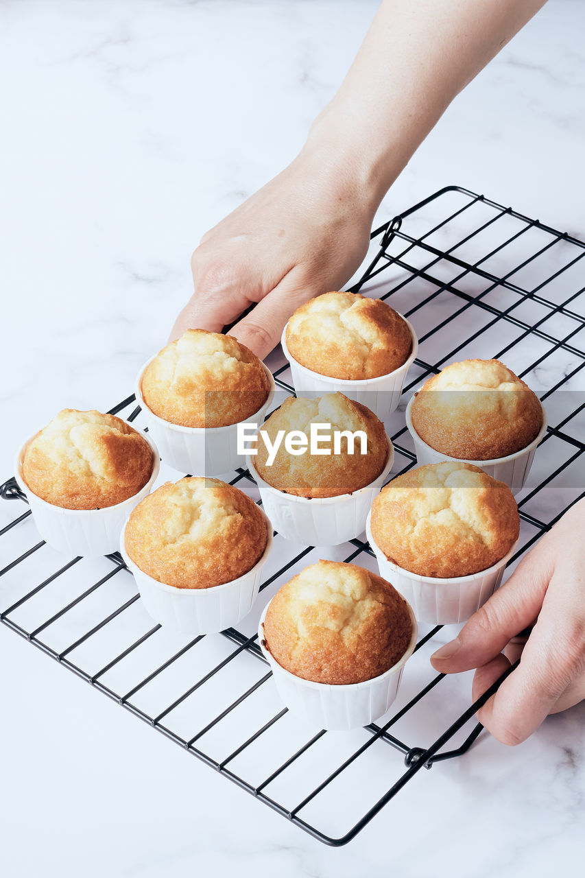 Women's hands holding cooling rack with muffins