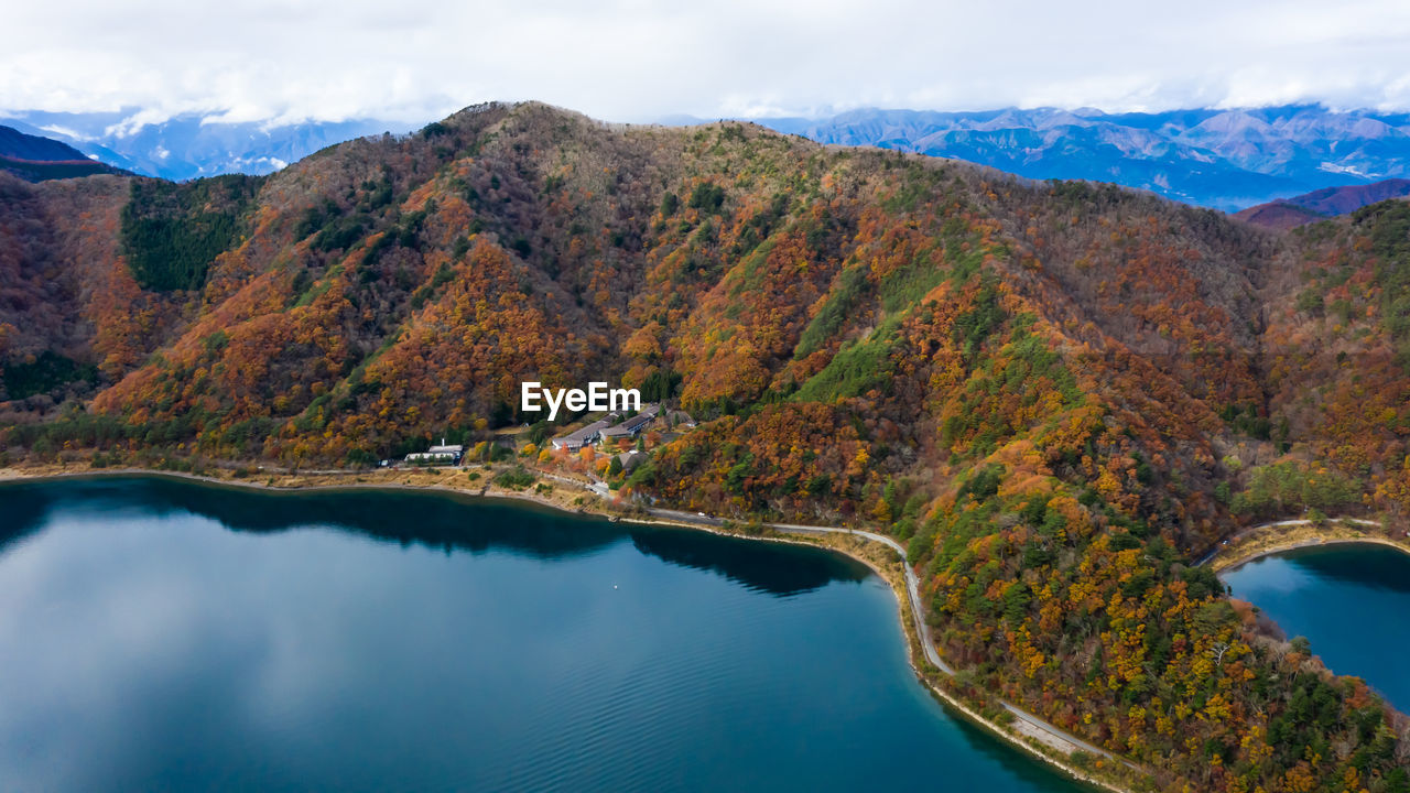 Nature landscape aerial view lake shojiko and mountain at autumn in japan