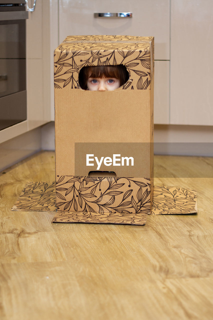 Portrait of a cute, blue-eyed baby girl playing with a cardboard box and hiding inside it