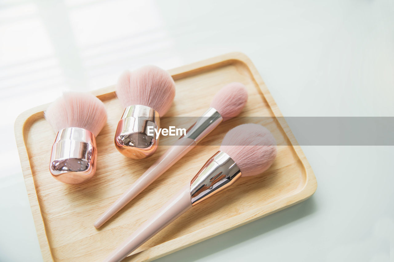 High angle view of beauty products on table