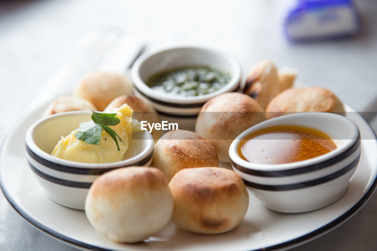 Close-up of food with chutney in plate