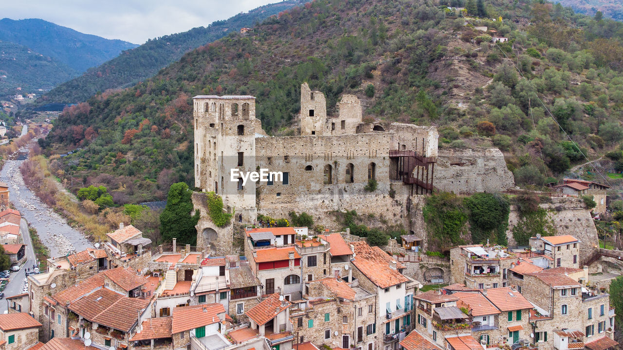 Aerial view of ruins of dolceacqua castle ligurian historic site near bordighera