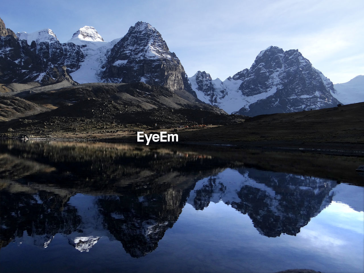 Reflection of snowcapped mountains and lake against sky