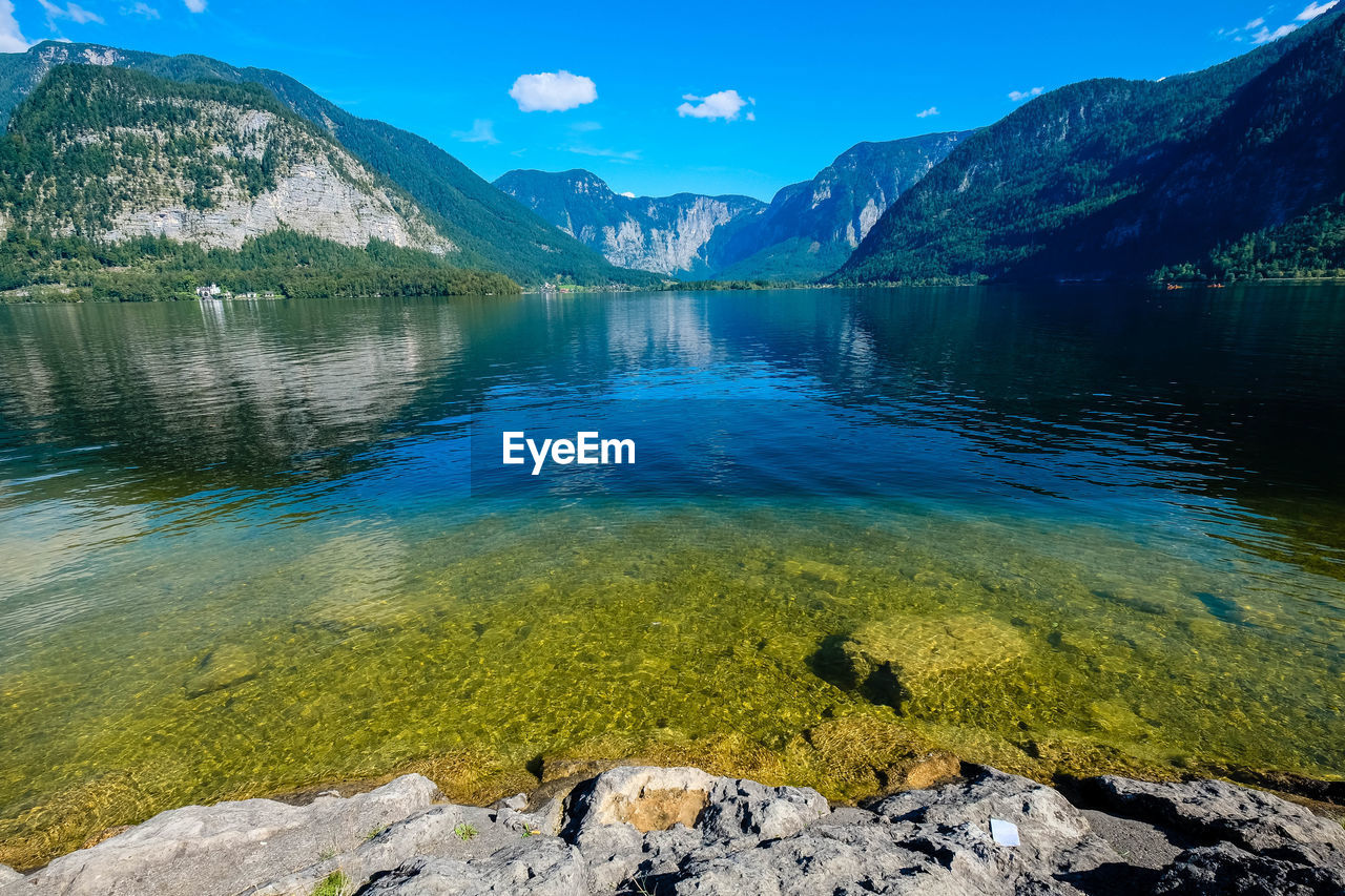 Scenic view of lake by mountains against sky