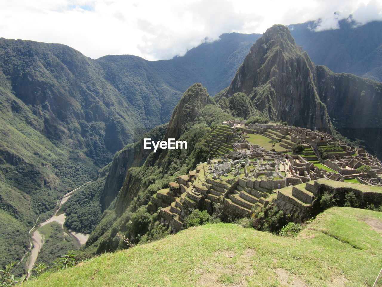 High angle view of machu picchu and mountains