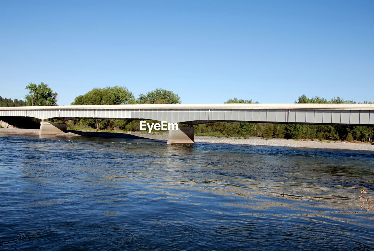 Bridge over river against clear blue sky