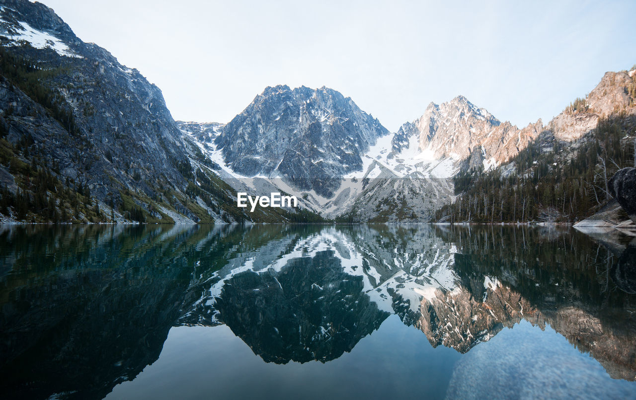 Scenic view of lake and mountains against sky