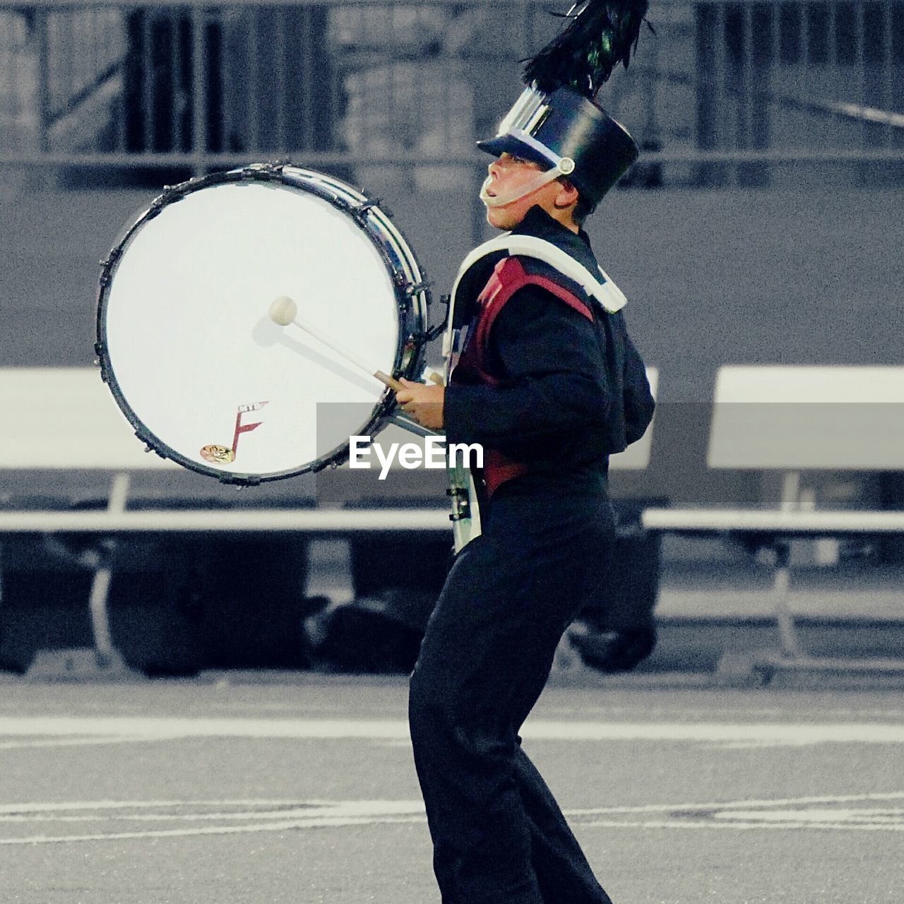 Bass drum player in marching band