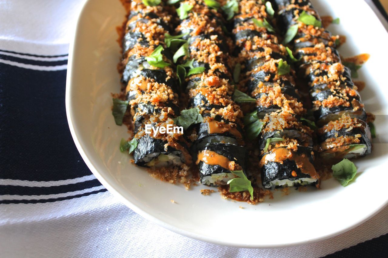 Directly above shot of sushi in plate on table