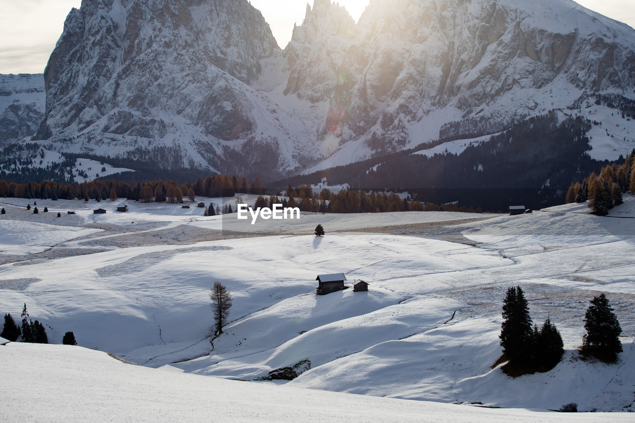 SNOW COVERED LAND AND MOUNTAINS