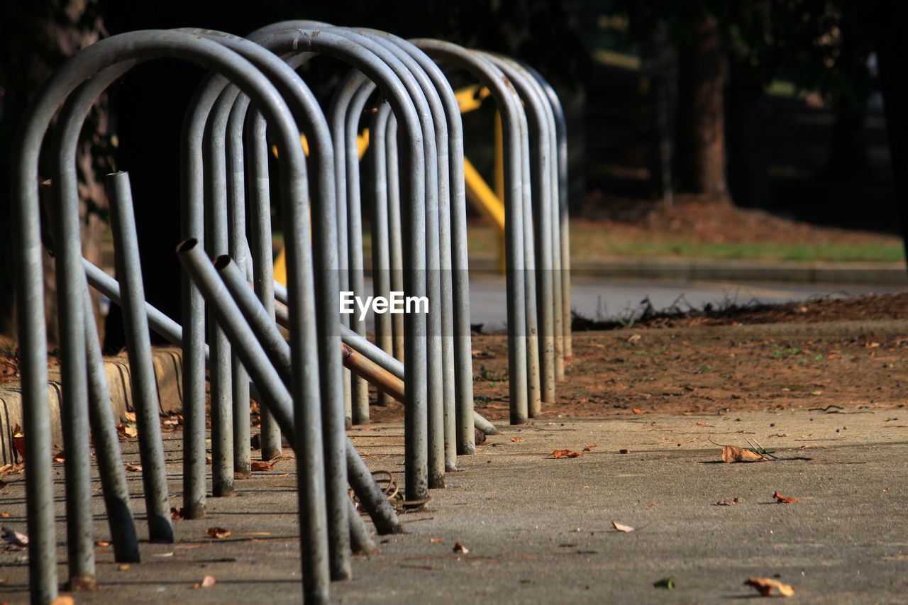 Close-up of empty bicycle rack