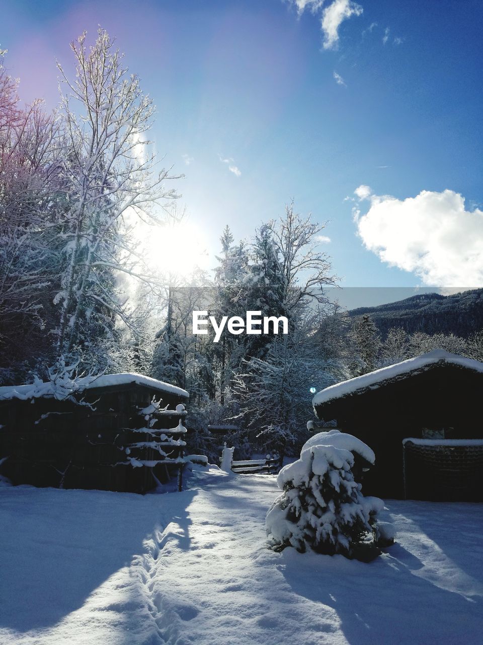 Snow covered field against sky